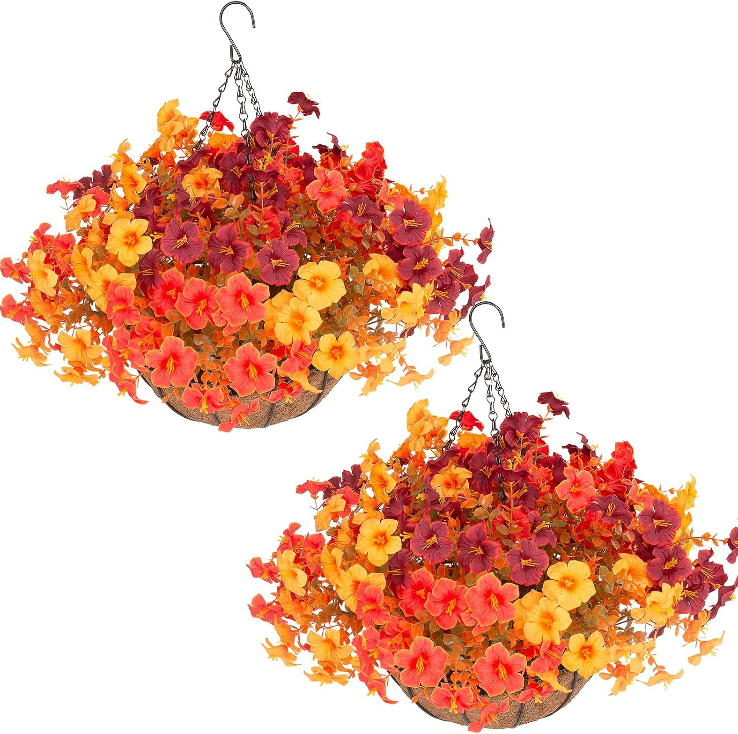 2 Set Artificial Outdoor Fall Flowers with Hanging Baskets, 24 Pcs Faux Petunias