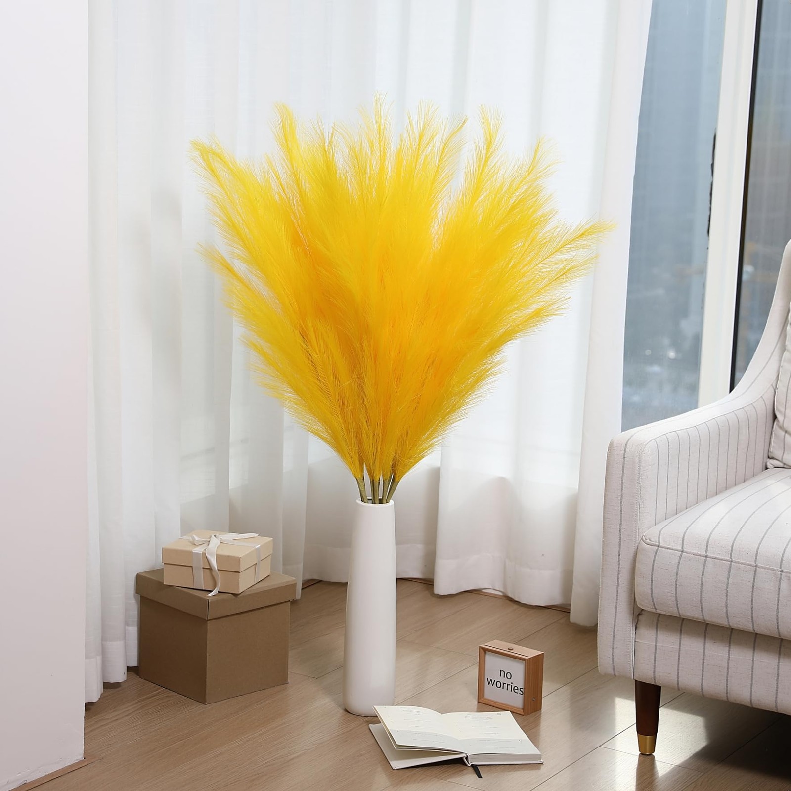 8 PCS 45 Inch Tall Yellow Large Faux Pampas Grass Artificial Flowers Vase