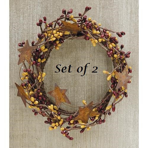 NEW Primitive Berry Candle Rings 2 pcs Rusty Stars 4″ BURGUNDY GOLD Pips Rustic