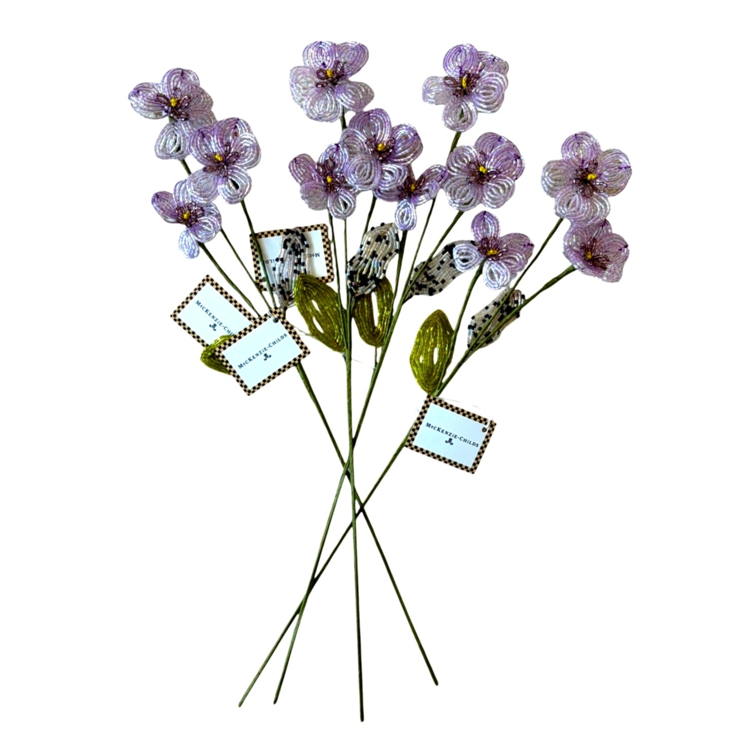 NEW Mackenzie Childs Purple Pansy Beaded Flower Stems 4pc 4×20