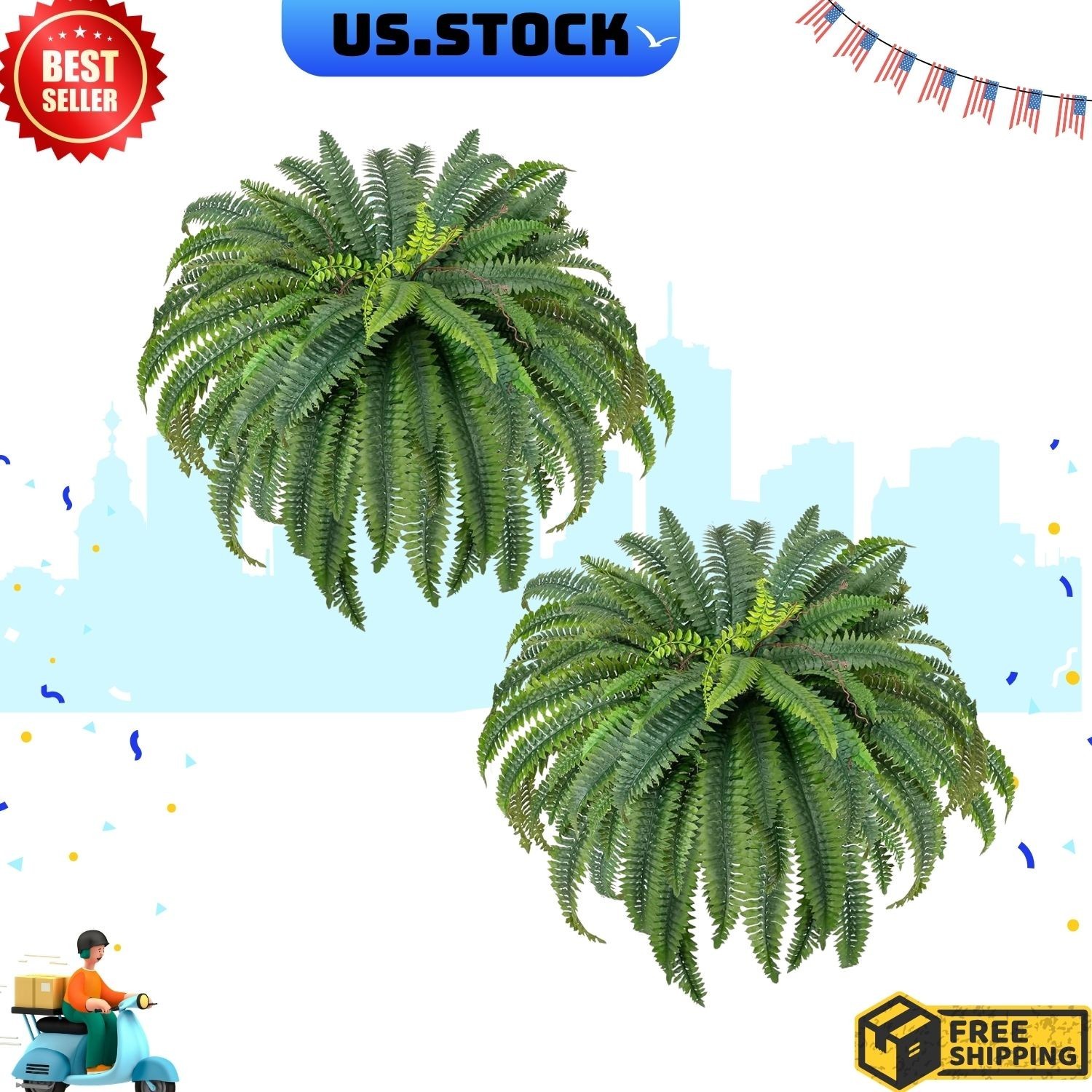 48in Artificial Boston Ferns Set of 2 UV Resistant Fake Outdoor Plants