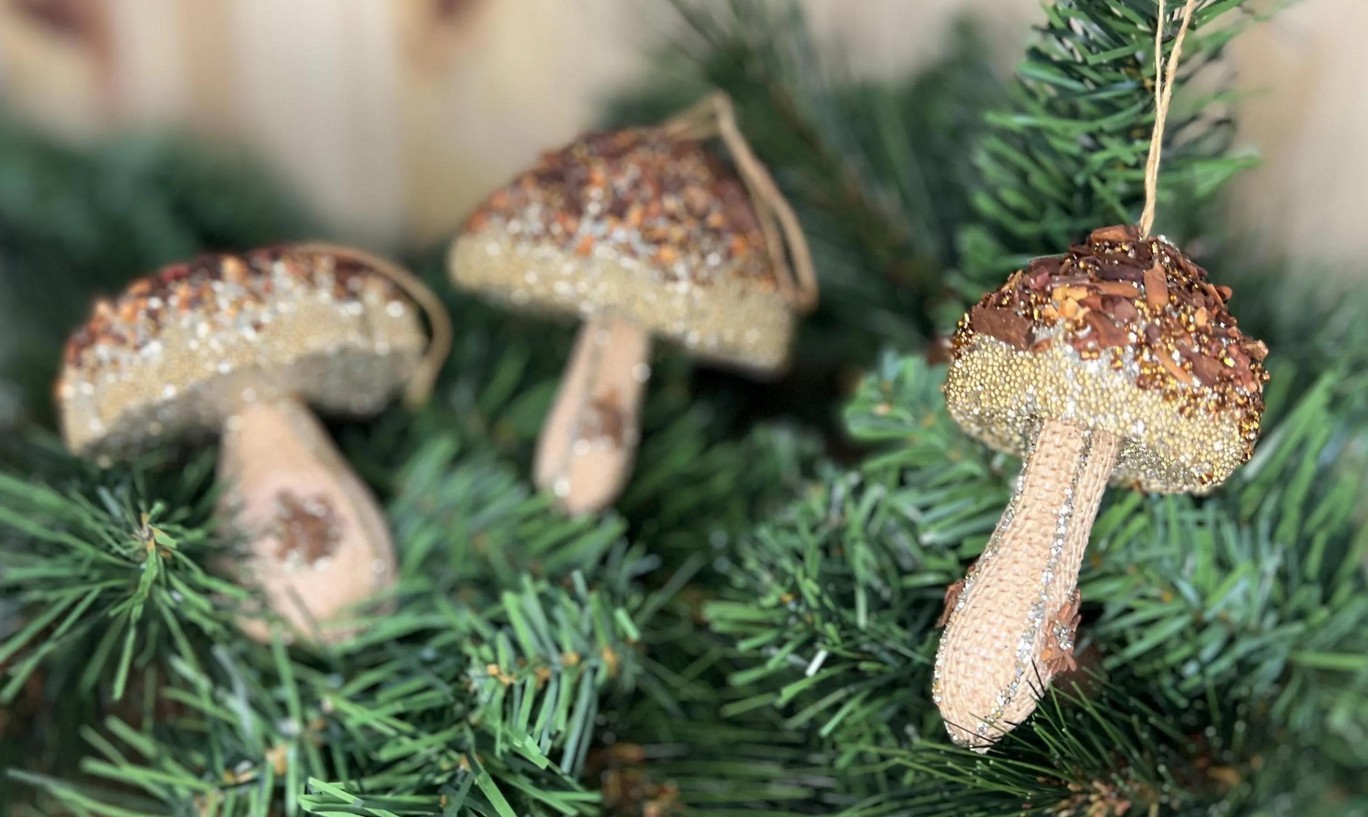 Glitter Mushroom Christmas Ornaments Set of 3 Rustic Woodland Gold Bead Tree Dec