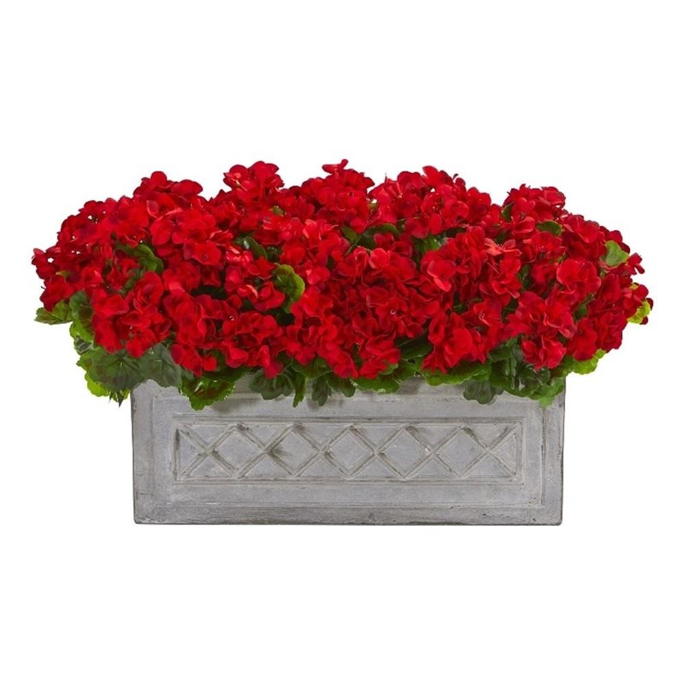 Nearly Natural 18″ Geranium Artificial Plant in Stone Planter UV Resistant