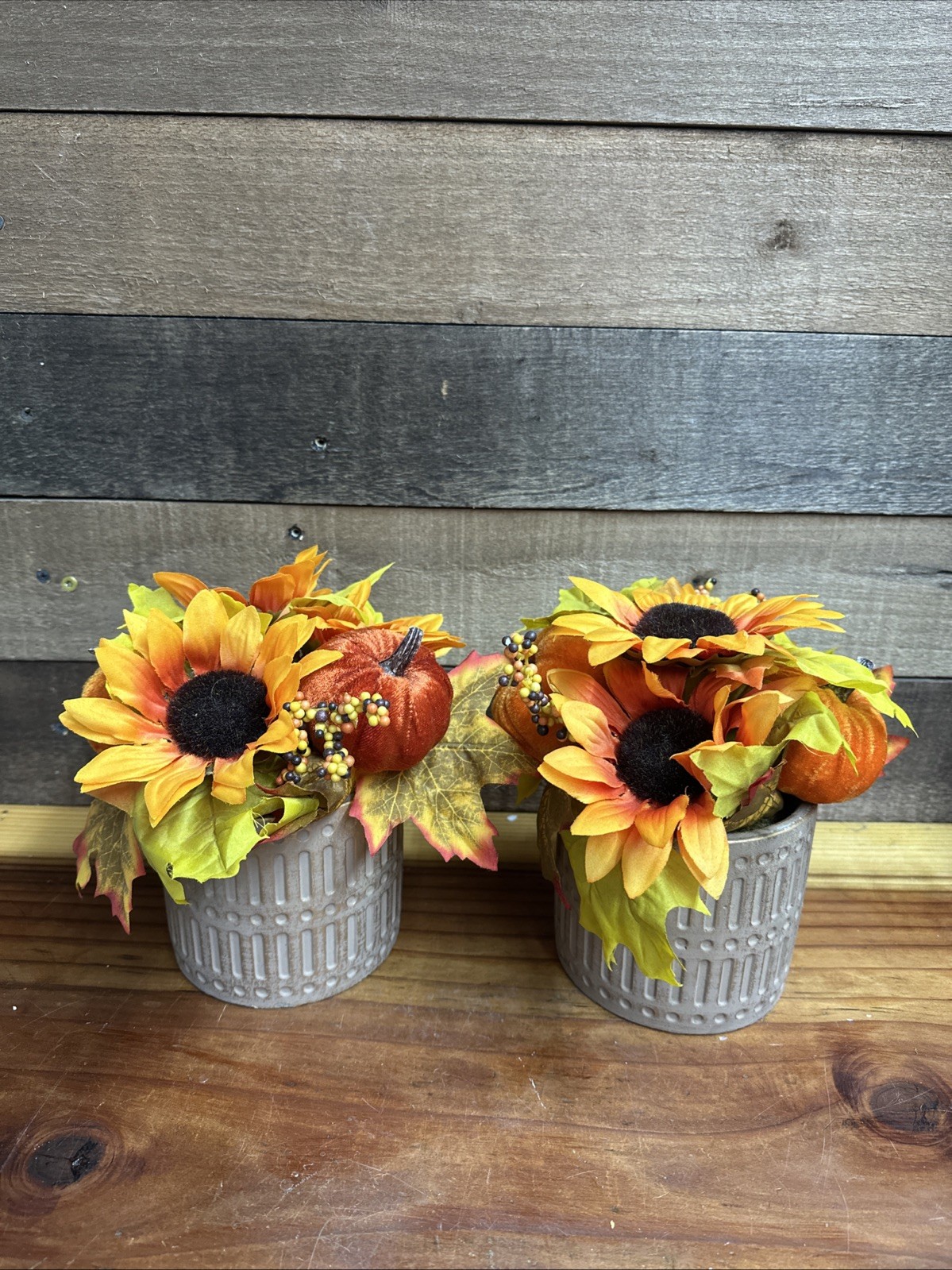 Artificial Sunflower Pumpkin Arrangement Textured Distressed Ceramic Vase Brown