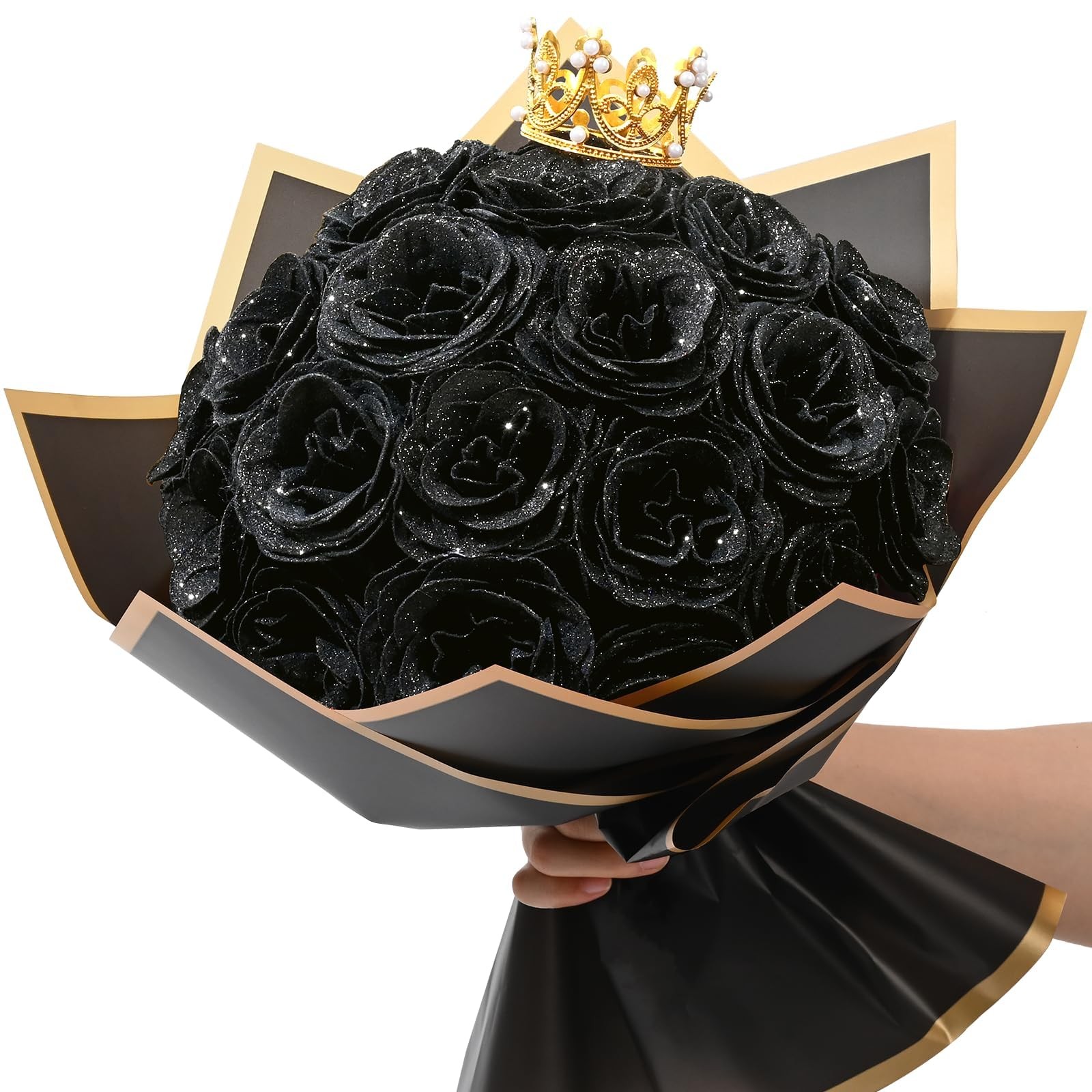 Black Glitter Roses Bouquet, DIY Fake Flowers Bouquet, Everlasting Shiny Arti…