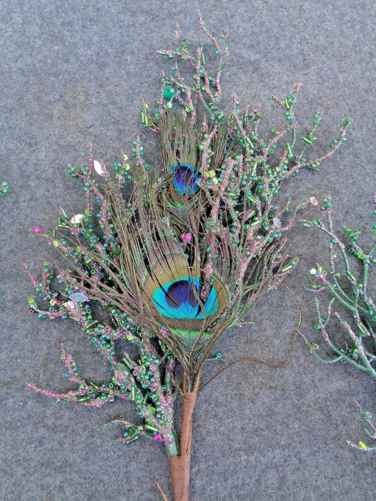 4- Blue Green Glittered Peacock Feather Stems Floral Picks 12″