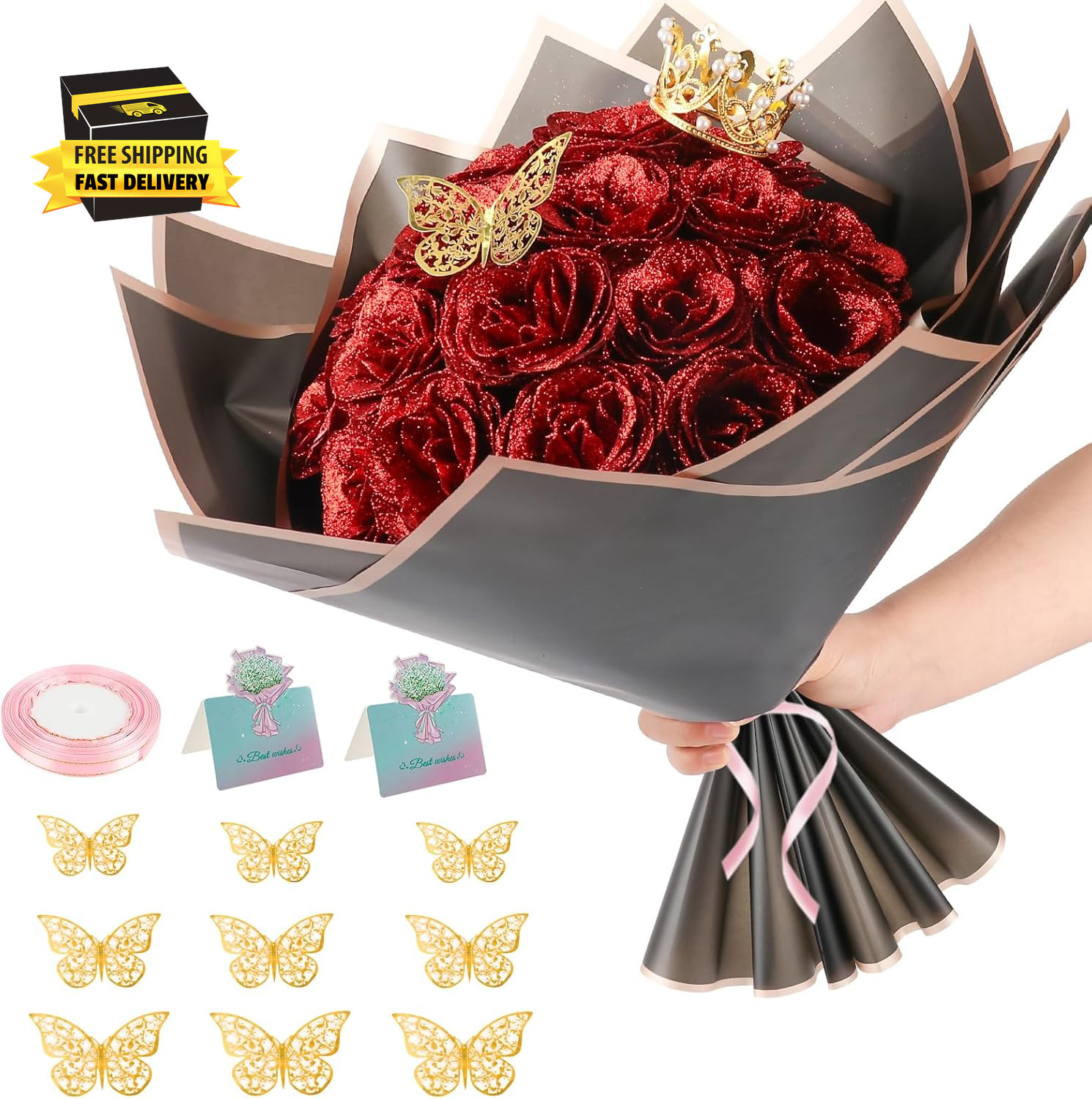 Glitter Roses Bouquet, 24 Roses DIY Fake Glitter Flowers Bouquet, Everlasting Sh