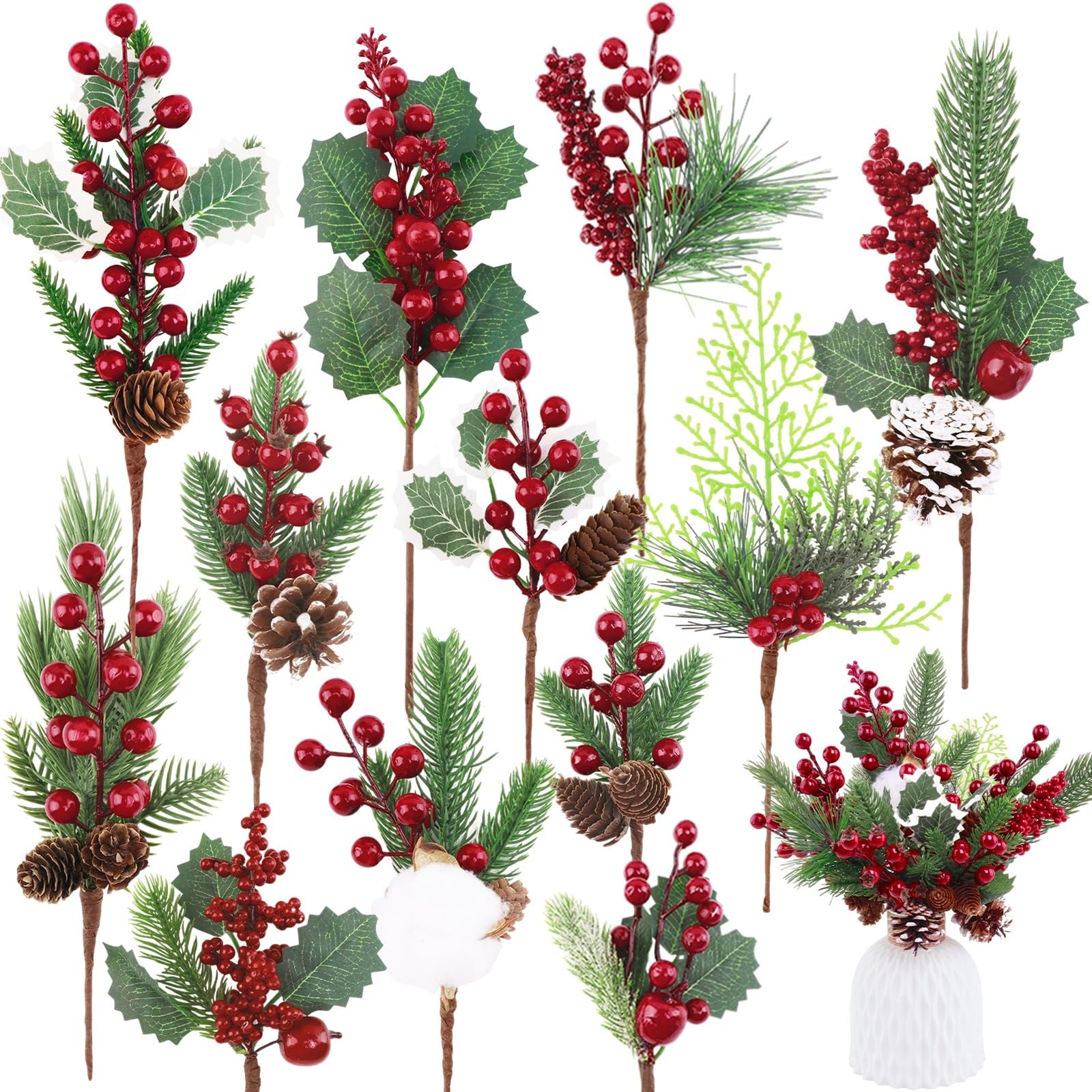 Christmas Picks and Sprays Artificial Pine Needles Branches Berries Red Stems…