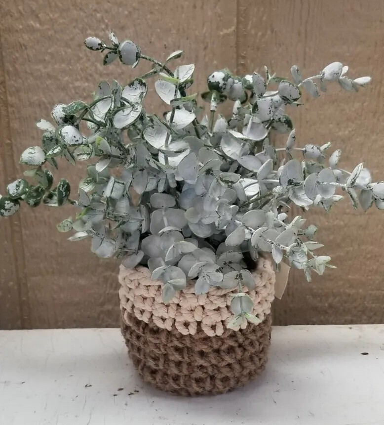 Faux Succulent Plant Dusty Green Crocheted Pot Tan White Jute Twine Cotton 10″
