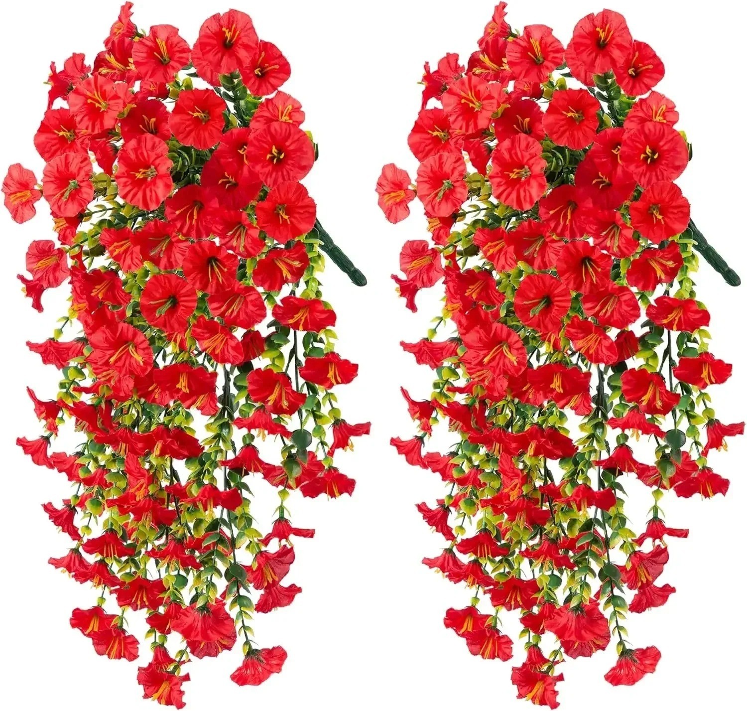 UV Resistant Faux Silk Morning Glory Hanging Flowers for Outdoor Decor 2 Pc Red