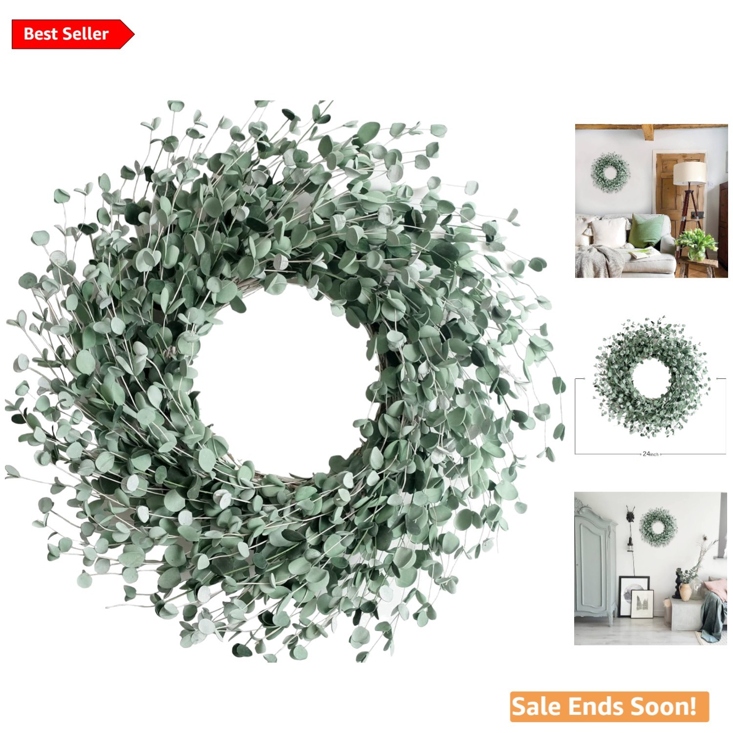 24 Inch Green Boxwood Wreath for Front Door Indoor Outdoor Wedding Decor