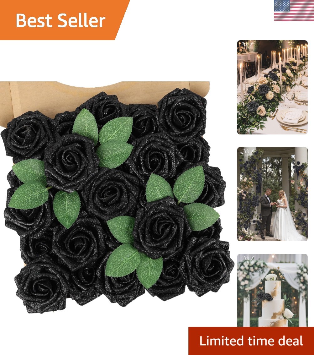 Realistic 25pcs Black Glitter Roses – Perfect for All Occasion Centerpieces