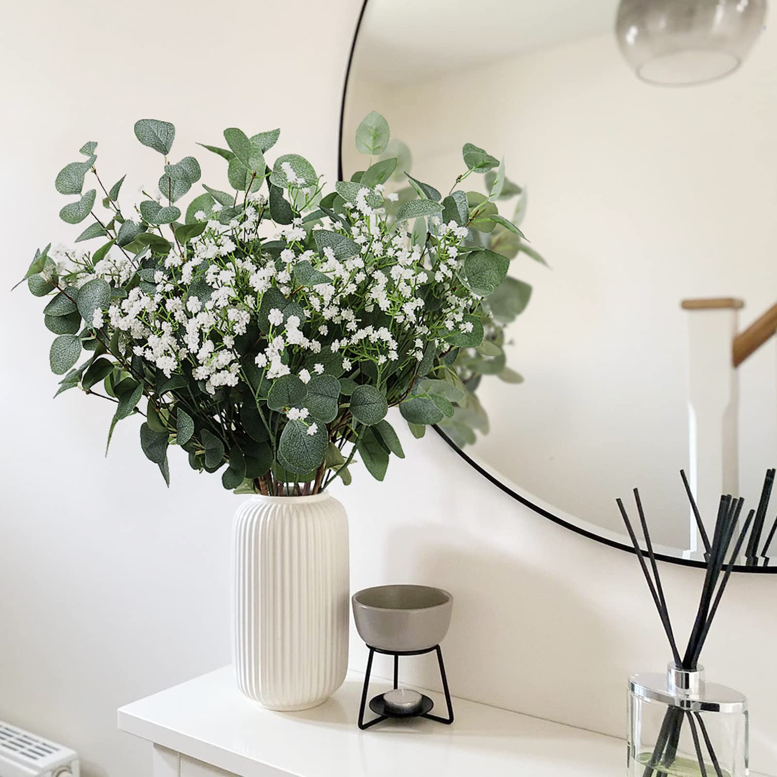 Best Beferr 5pcs Eucalyptus Stems & 6pcs Babys Breath Artificial Flowers Faux