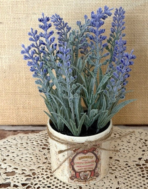 SMALL 8 1/2″ ARTIFICIAL PURPLE LAVENDER FLOWERS IN TEXTURED LITTLE POT W/ LABELS