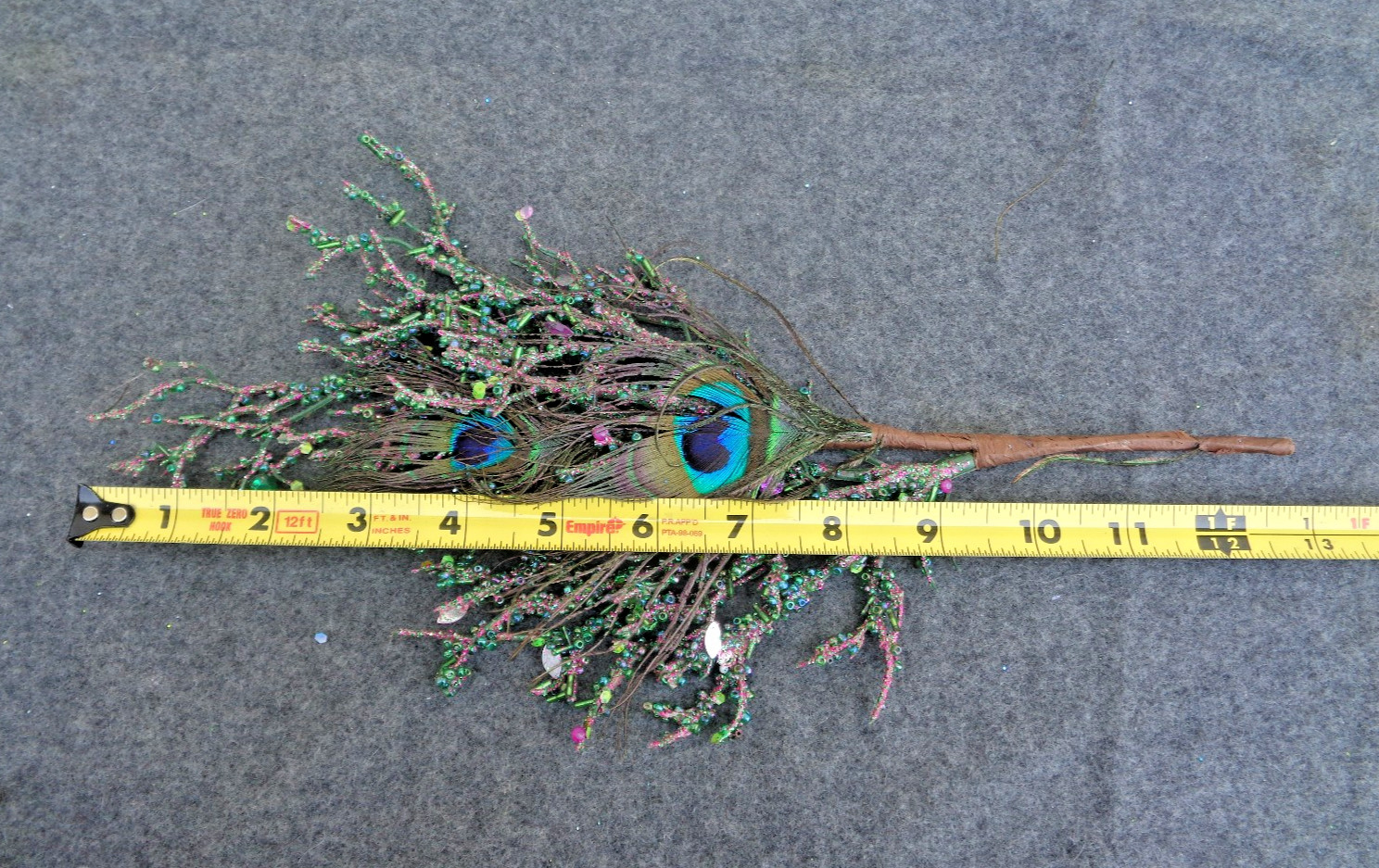 4- Blue Green Glittered Peacock Feather Stems Floral Picks 12″