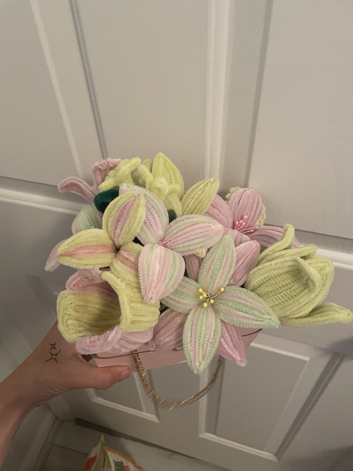 Pink & yellow pipe cleaner flower bouquet w purse, gift bag anniversary birthday