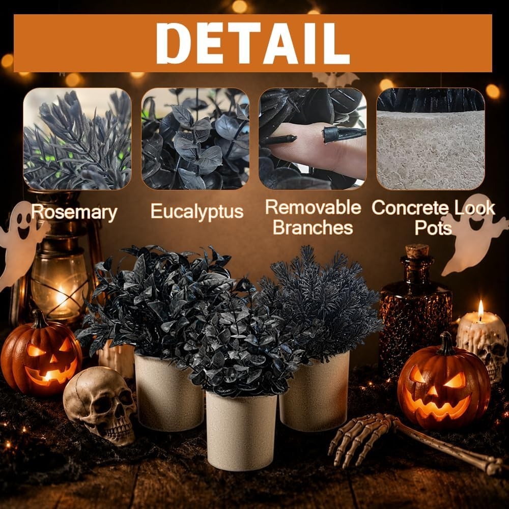 3 Artificial Potted Plants Halloween Decor Fake Eucalyptus Rosemary Office Deck