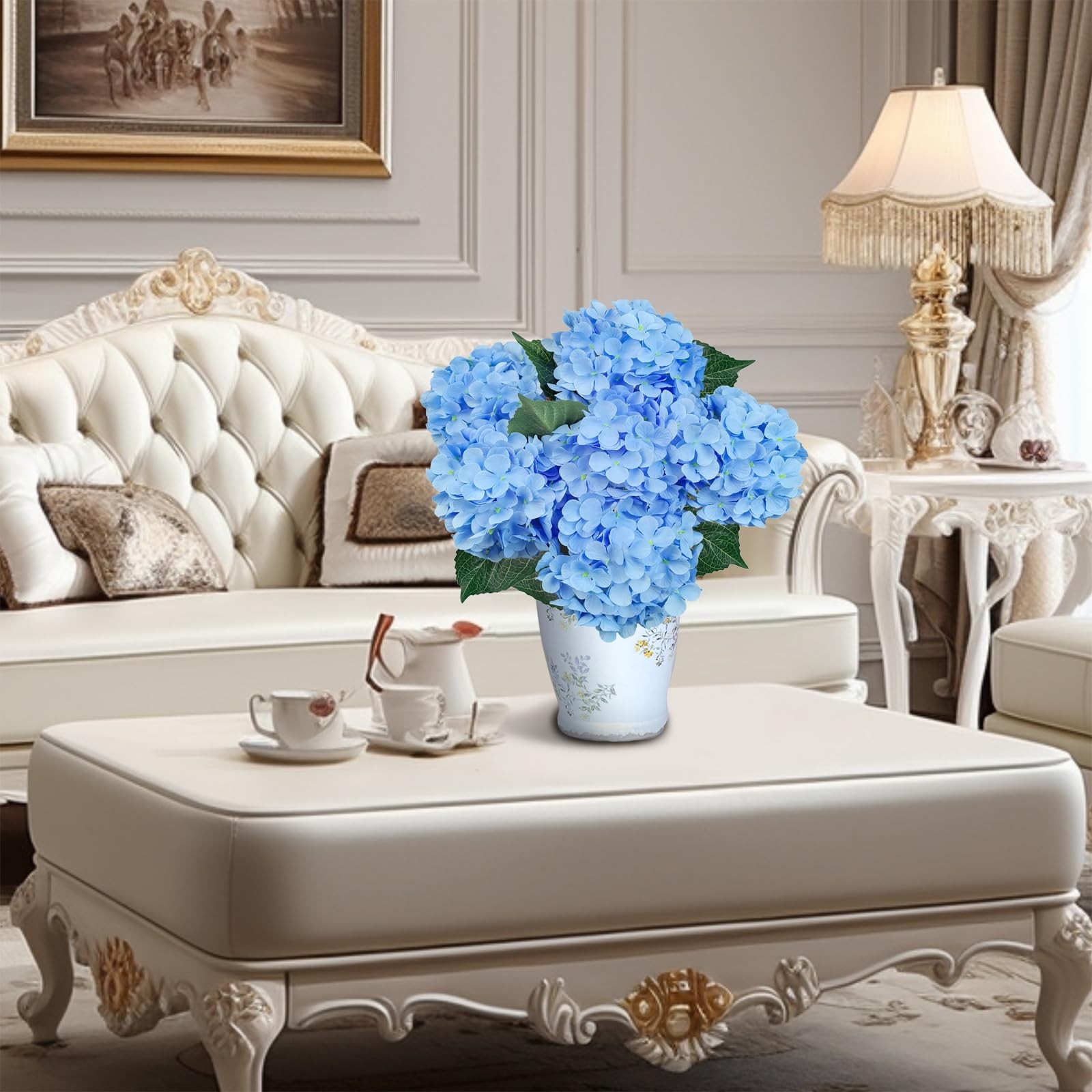 6PCS Premium Blue Silk Hydrangea Artificial Flowers Bouquets – Realistic Fake Hy