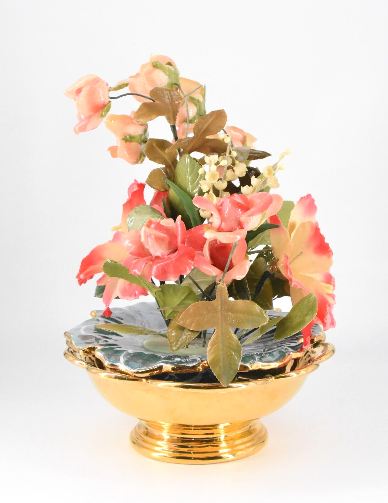 VTG Pink Flower Arrangement Centerpiece Italy Turquoise Gold Ceramic Dish 14″