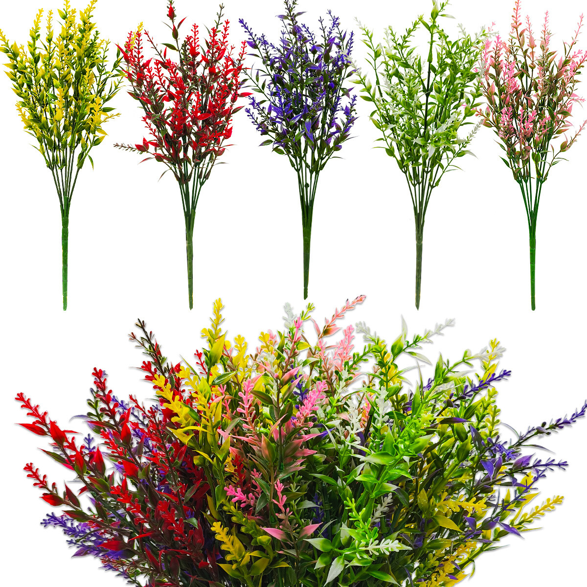 Mixed Fake Lavender Bundles Artificial Flowers for Outdoors Shrubs UV Resistant