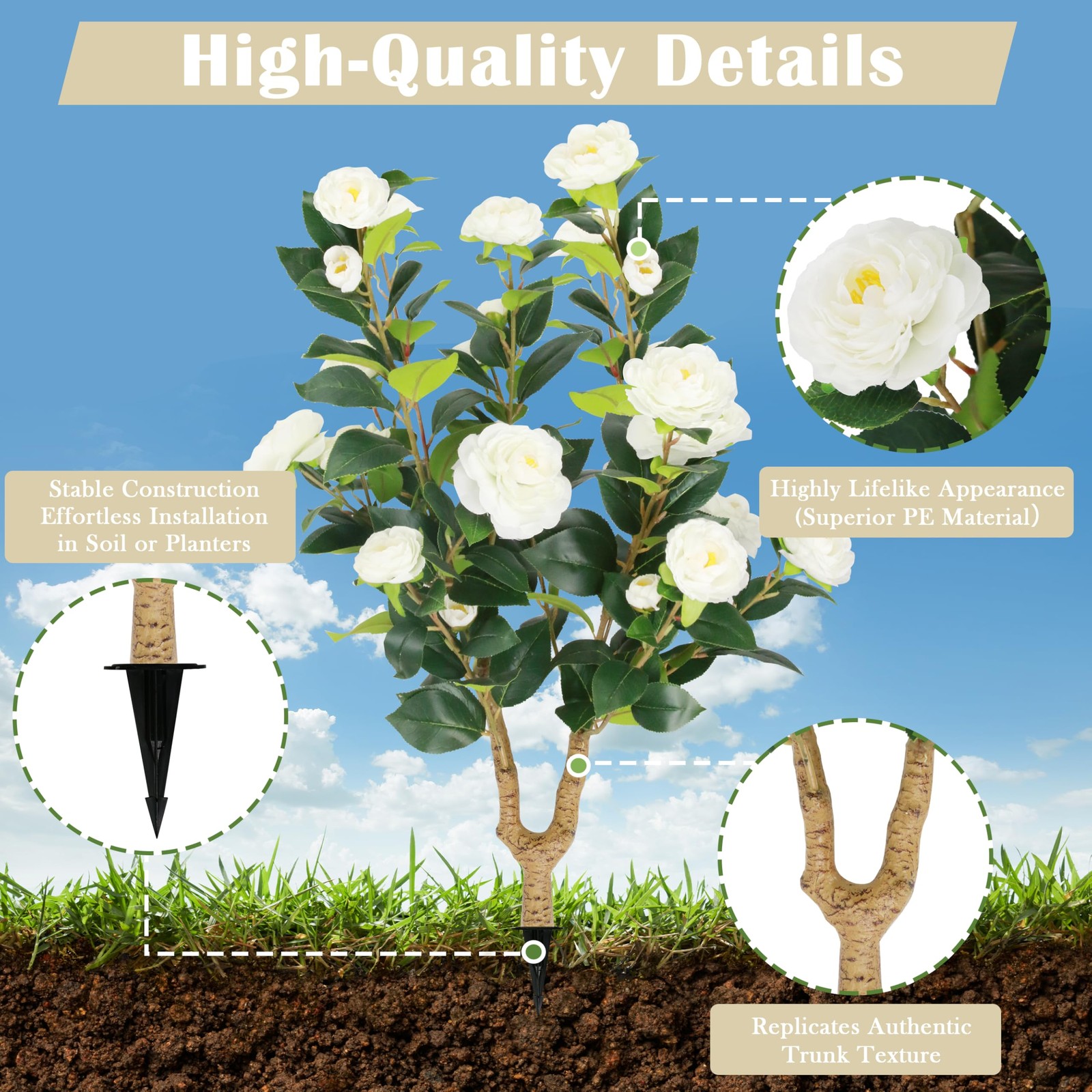 Sunnyglade 2 Packs 35.5″ Artificial Camellia Tree, Faux White Camellia Flower…