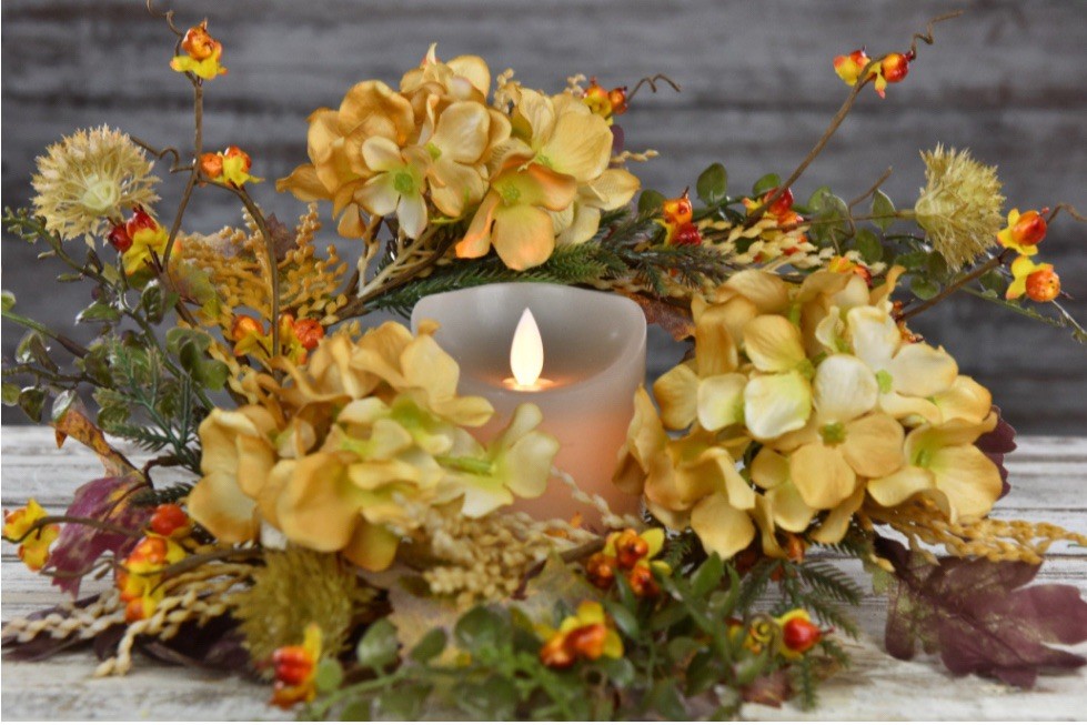 MAPLE LEAVES HYDRANGEA CANDLE RING WREATH Flower Autumn Fall 4.5″ in