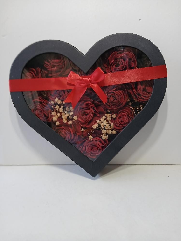 Heart Box of Red Roses – 1 dozen with easel or picture hanger for display