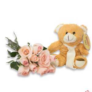 Atelier das Flores - Buquê de 10 Rosas Rosadas e Pelúcia
