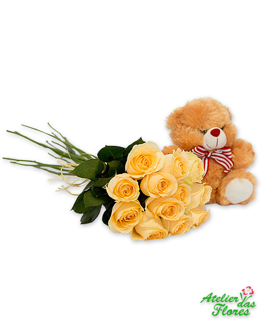 Atelier das Flores - Buquê de 12 Rosas Amarelas e Pelúcia