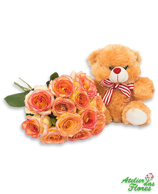 Atelier das Flores - Buquê de 12 Rosas Matizadas e Pelúcia