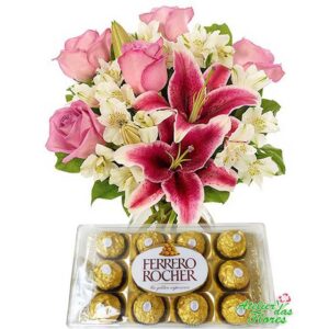 Arranjo de Rosas e Lírios Rosados com Caixa de 12 Ferrero Rocher