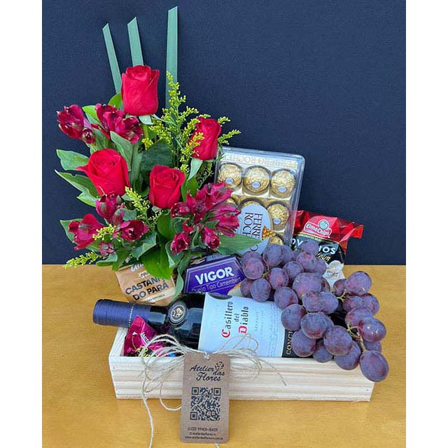 Atelier das Flores - Box Vinho com Flores e Ferrero Rocher